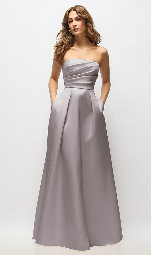 Front View - Cashmere Gray Strapless Hand-Pleated Bodice Satin Maxi Dress with Full Pleated Skirt