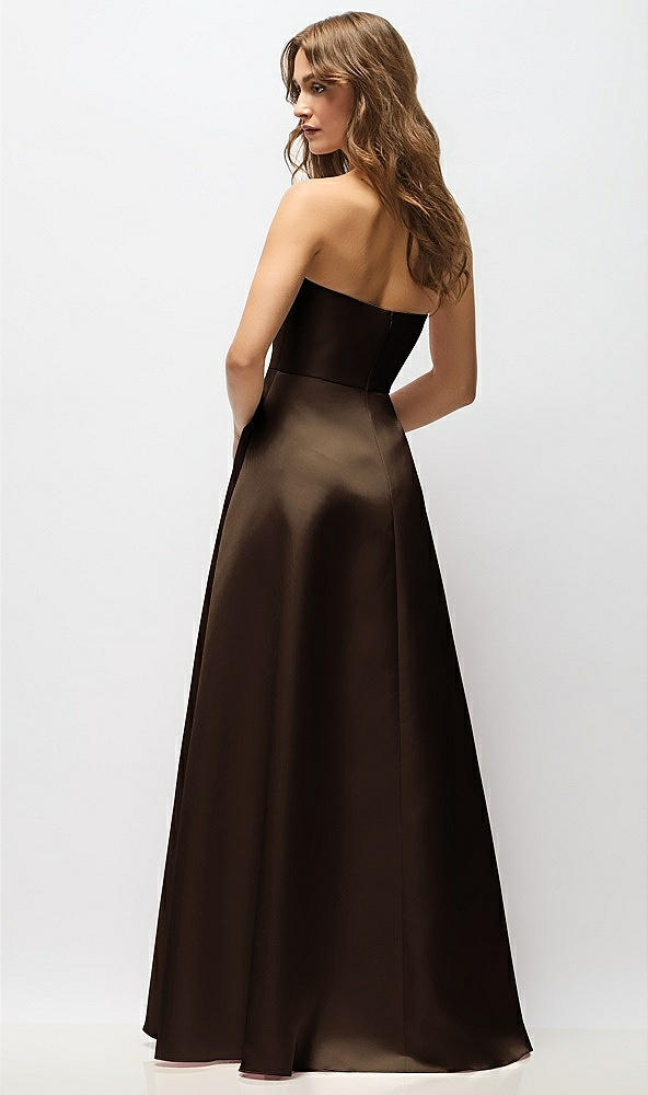 Back View - Espresso Strapless Hand-Pleated Bodice Satin Maxi Dress with Full Pleated Skirt