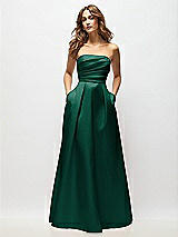 Front View Thumbnail - Hunter Green Strapless Hand-Pleated Bodice Satin Maxi Dress with Full Pleated Skirt