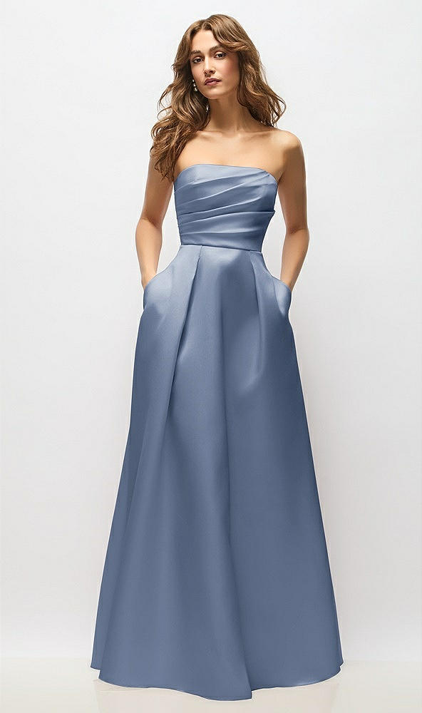 Front View - Larkspur Blue Strapless Hand-Pleated Bodice Satin Maxi Dress with Full Pleated Skirt