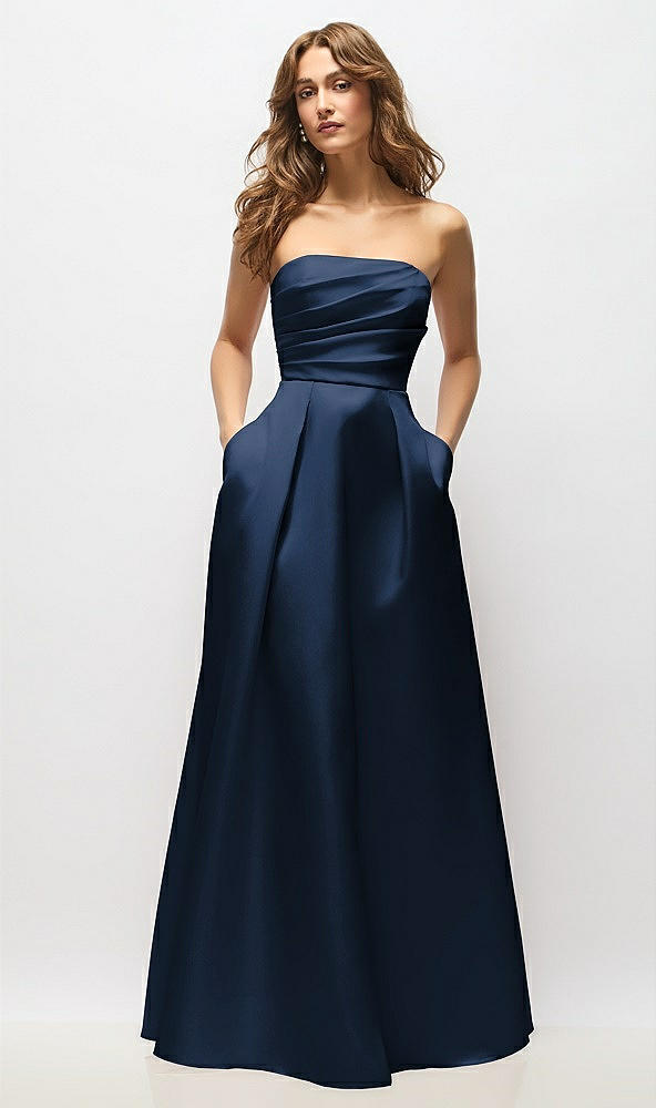 Front View - Midnight Navy Strapless Hand-Pleated Bodice Satin Maxi Dress with Full Pleated Skirt