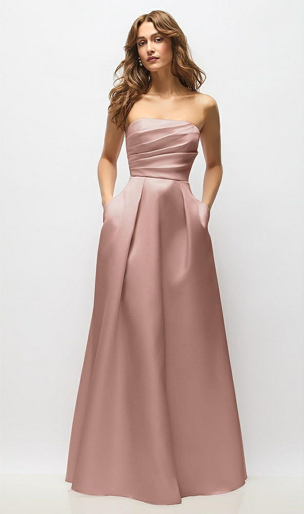 Front View - Neu Nude Strapless Hand-Pleated Bodice Satin Maxi Dress with Full Pleated Skirt