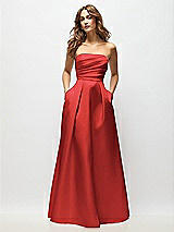 Front View Thumbnail - Poppy Red Strapless Hand-Pleated Bodice Satin Maxi Dress with Full Pleated Skirt