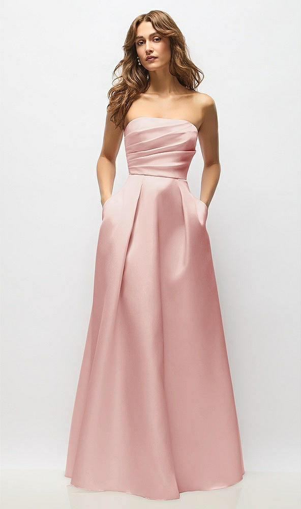 Front View - Rose Strapless Hand-Pleated Bodice Satin Maxi Dress with Full Pleated Skirt