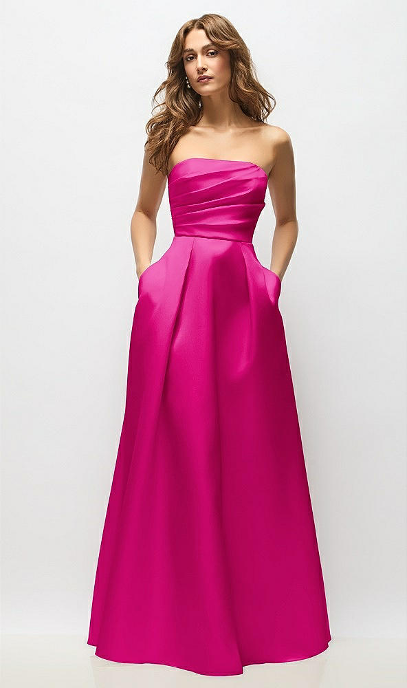 Front View - Think Pink Strapless Hand-Pleated Bodice Satin Maxi Dress with Full Pleated Skirt