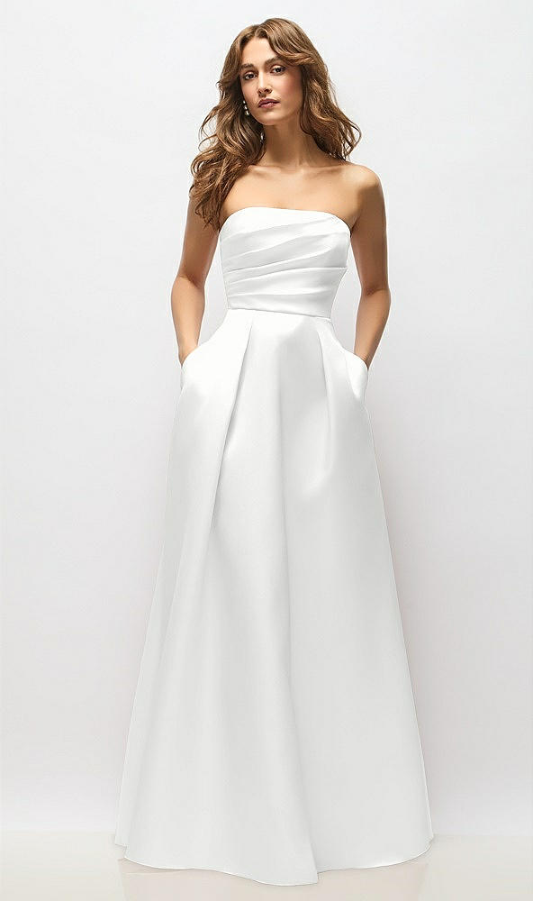 Front View - White Strapless Hand-Pleated Bodice Satin Maxi Dress with Full Pleated Skirt