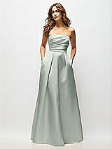 Front View Thumbnail - Willow Green Strapless Hand-Pleated Bodice Satin Maxi Dress with Full Pleated Skirt