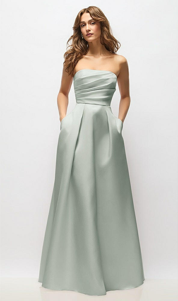 Front View - Willow Green Strapless Hand-Pleated Bodice Satin Maxi Dress with Full Pleated Skirt