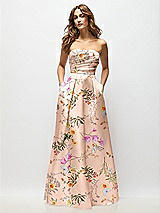 Front View Thumbnail - Butterfly Botanica Pink Sand Strapless Hand-Pleated Bodice Floral Satin Maxi Dress with Full Pleated Skirt