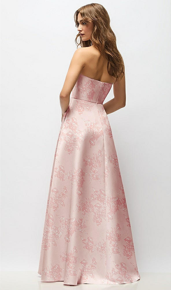 Back View - Bow And Blossom Print Strapless Hand-Pleated Bodice Floral Satin Maxi Dress with Full Pleated Skirt