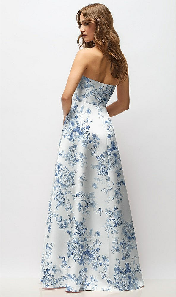 Back View - Cottage Rose Larkspur Strapless Hand-Pleated Bodice Floral Satin Maxi Dress with Full Pleated Skirt