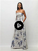 Video 1 Thumbnail - Inkwash Blue Floral Strapless Hand-Pleated Bodice Floral Satin Maxi Dress with Full Pleated Skirt