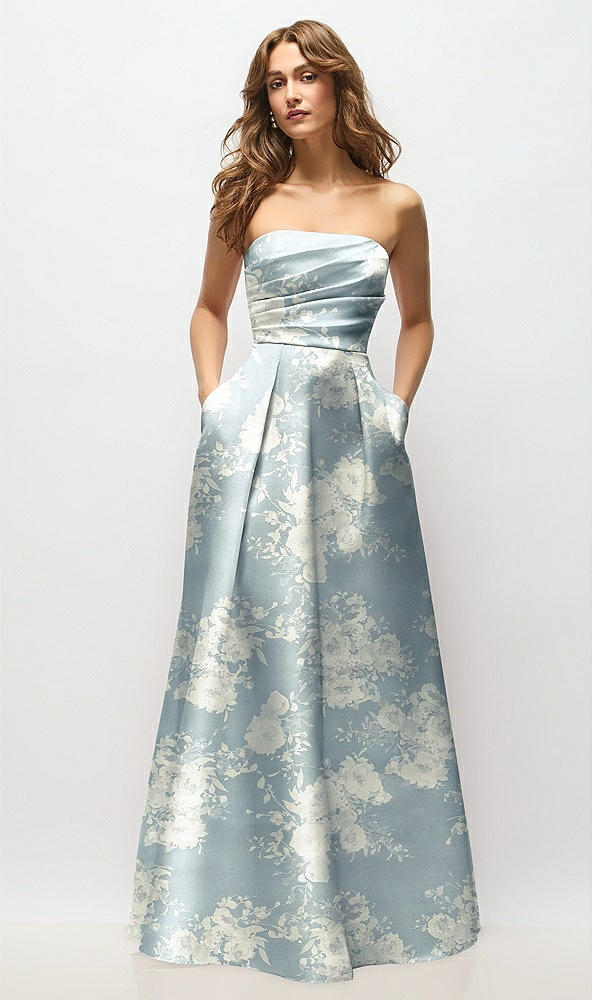 Front View - Porcelain Blue Seraphina Floral Strapless Hand-Pleated Bodice Floral Satin Maxi Dress with Full Pleated Skirt
