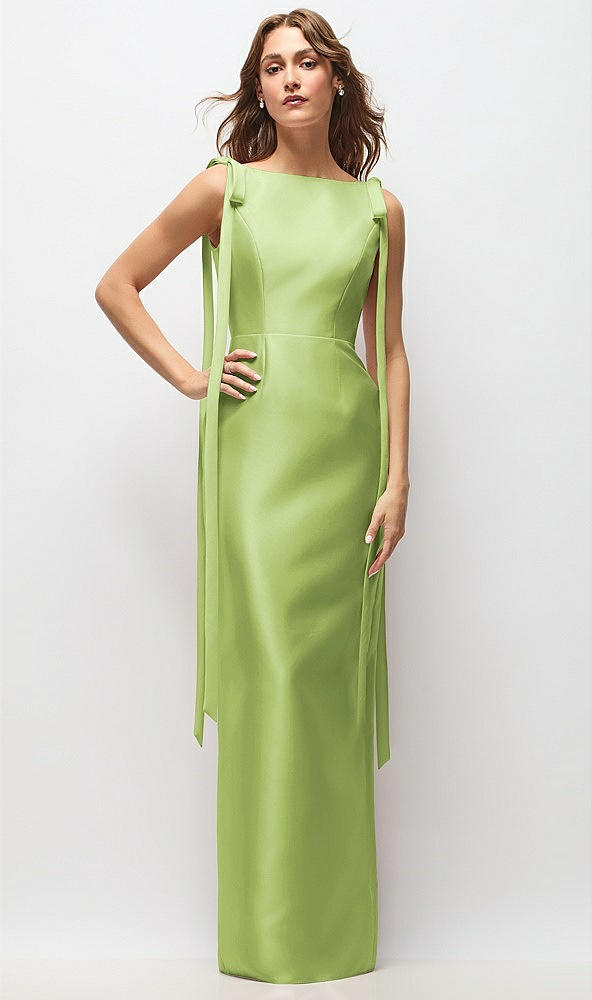 Front View - Mojito Bateau Neck Satin Column Maxi Dress with Exaggerated Tail Bow Straps