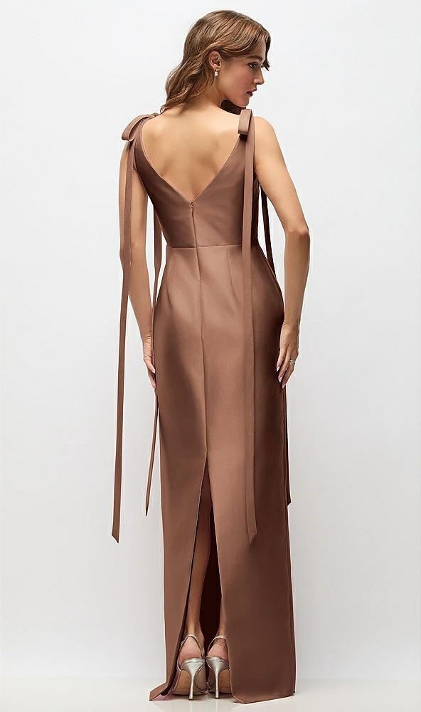 Back View - Cognac Bateau Neck Satin Column Maxi Dress with Exaggerated Tail Bow Straps