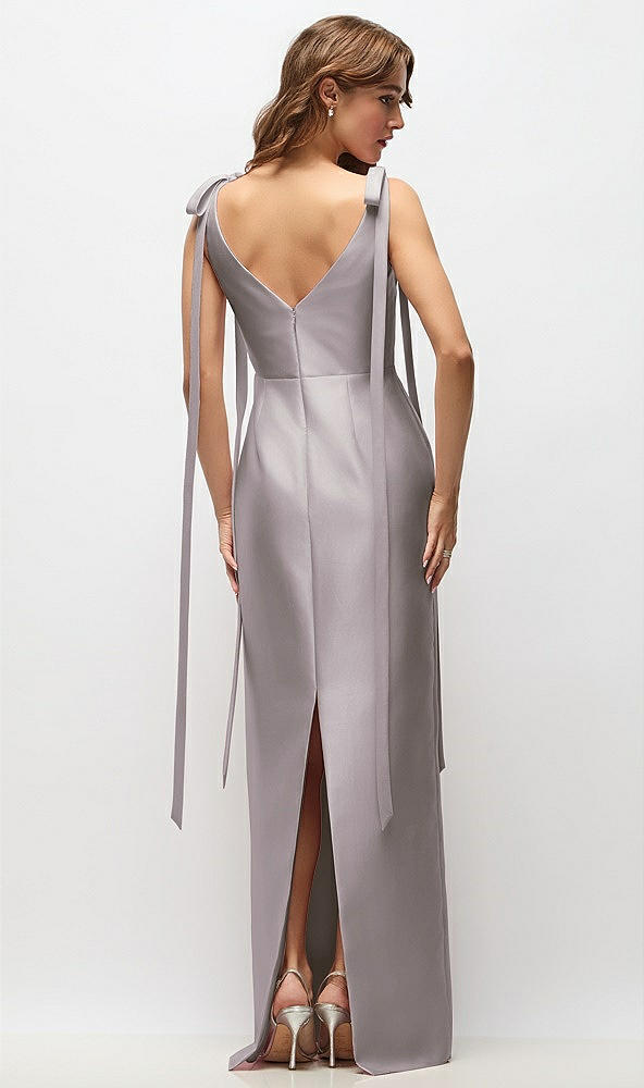 Back View - Cashmere Gray Bateau Neck Satin Column Maxi Dress with Exaggerated Tail Bow Straps