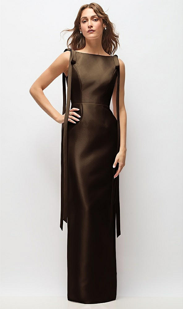 Front View - Espresso Bateau Neck Satin Column Maxi Dress with Exaggerated Tail Bow Straps