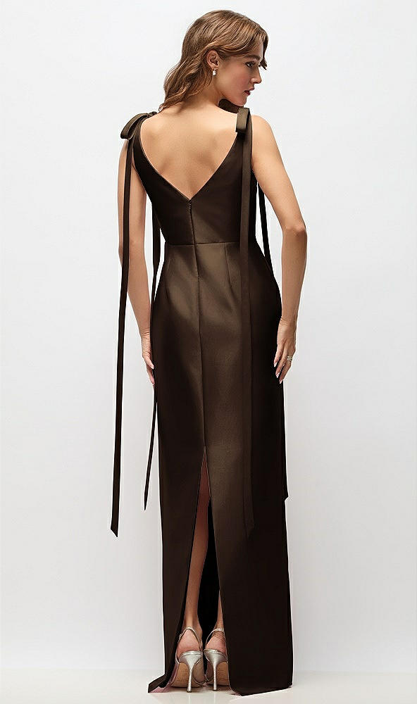 Back View - Espresso Bateau Neck Satin Column Maxi Dress with Exaggerated Tail Bow Straps