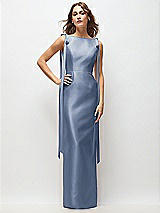 Front View Thumbnail - Larkspur Blue Bateau Neck Satin Column Maxi Dress with Exaggerated Tail Bow Straps