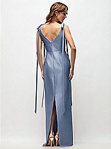 Rear View Thumbnail - Larkspur Blue Bateau Neck Satin Column Maxi Dress with Exaggerated Tail Bow Straps