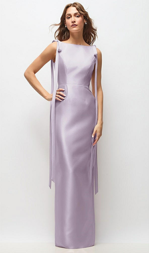Front View - Lilac Haze Bateau Neck Satin Column Maxi Dress with Exaggerated Tail Bow Straps