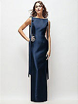 Front View Thumbnail - Midnight Navy Bateau Neck Satin Column Maxi Dress with Exaggerated Tail Bow Straps