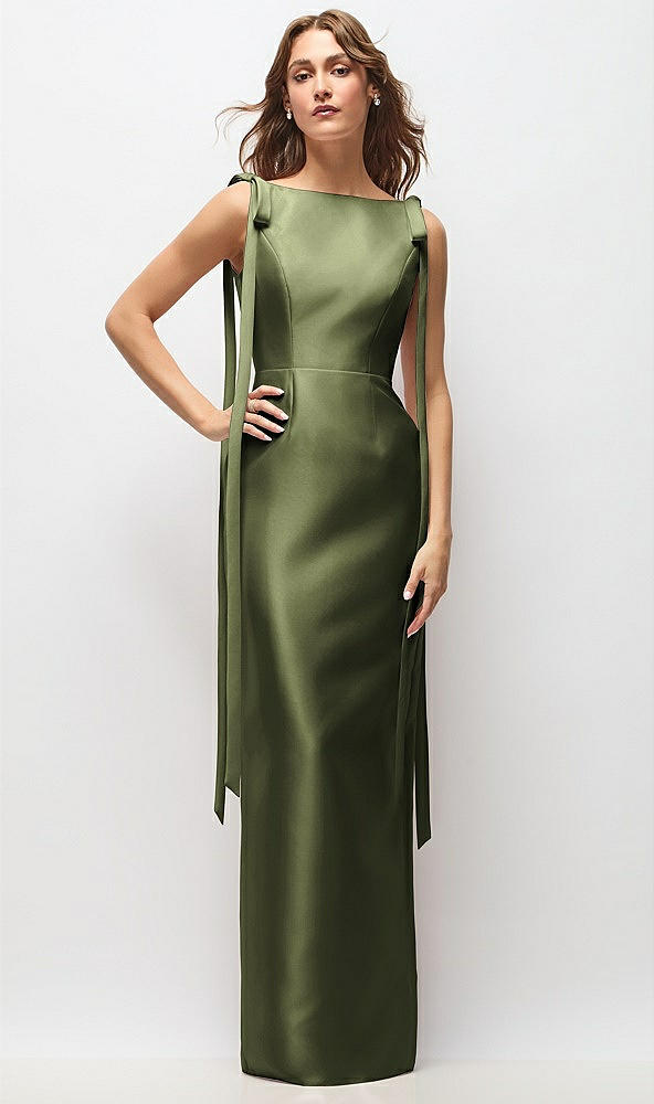 Front View - Olive Green Bateau Neck Satin Column Maxi Dress with Exaggerated Tail Bow Straps