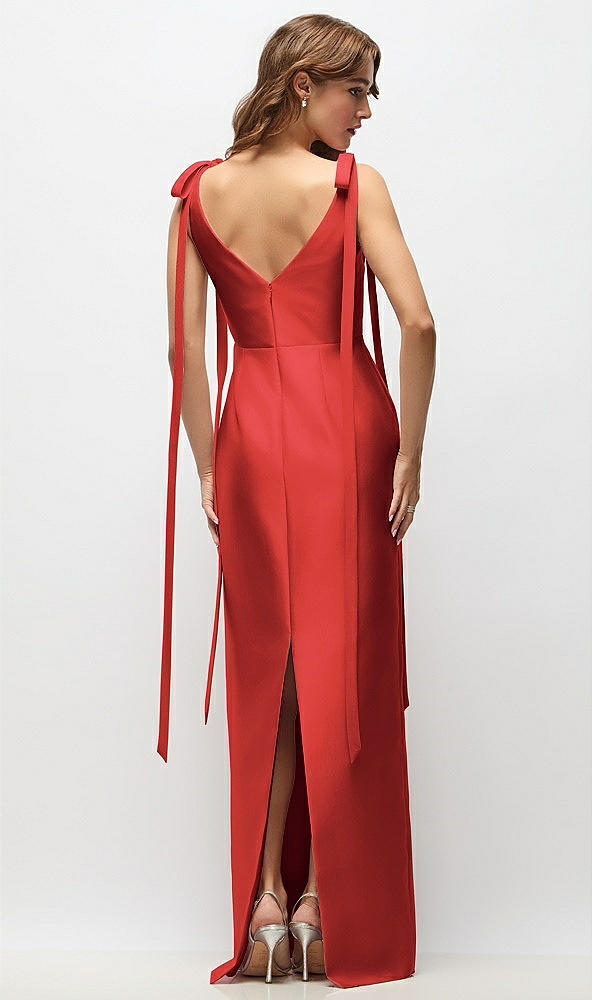 Back View - Poppy Red Bateau Neck Satin Column Maxi Dress with Exaggerated Tail Bow Straps