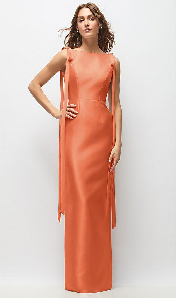 Front View - Portofino Orange Bateau Neck Satin Column Maxi Dress with Exaggerated Tail Bow Straps