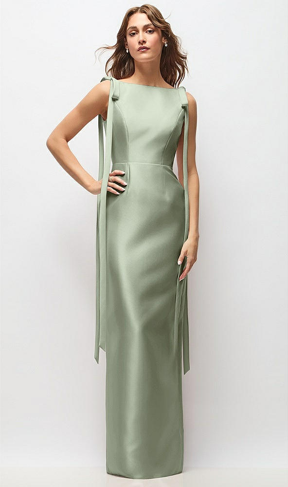 Front View - Sage Bateau Neck Satin Column Maxi Dress with Exaggerated Tail Bow Straps