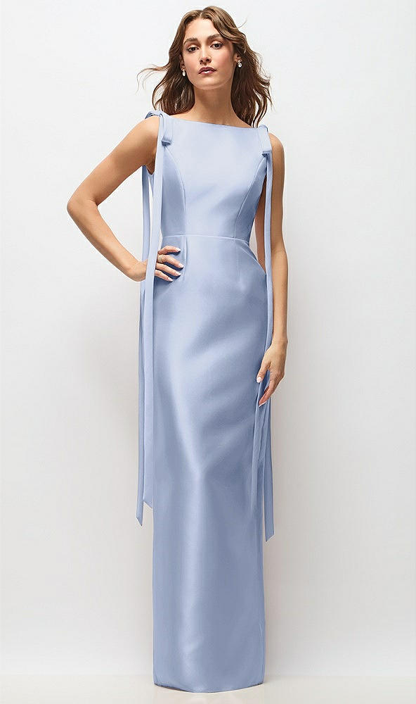 Front View - Sky Blue Bateau Neck Satin Column Maxi Dress with Exaggerated Tail Bow Straps