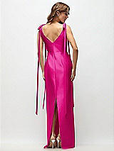 Rear View Thumbnail - Think Pink Bateau Neck Satin Column Maxi Dress with Exaggerated Tail Bow Straps