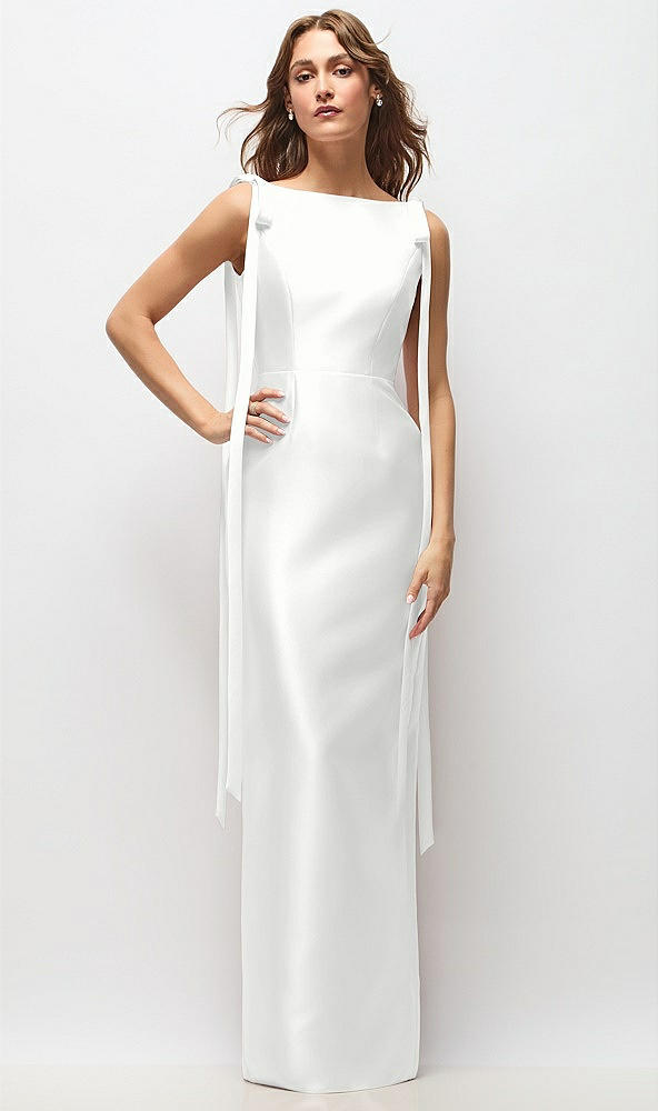 Front View - White Bateau Neck Satin Column Maxi Dress with Exaggerated Tail Bow Straps