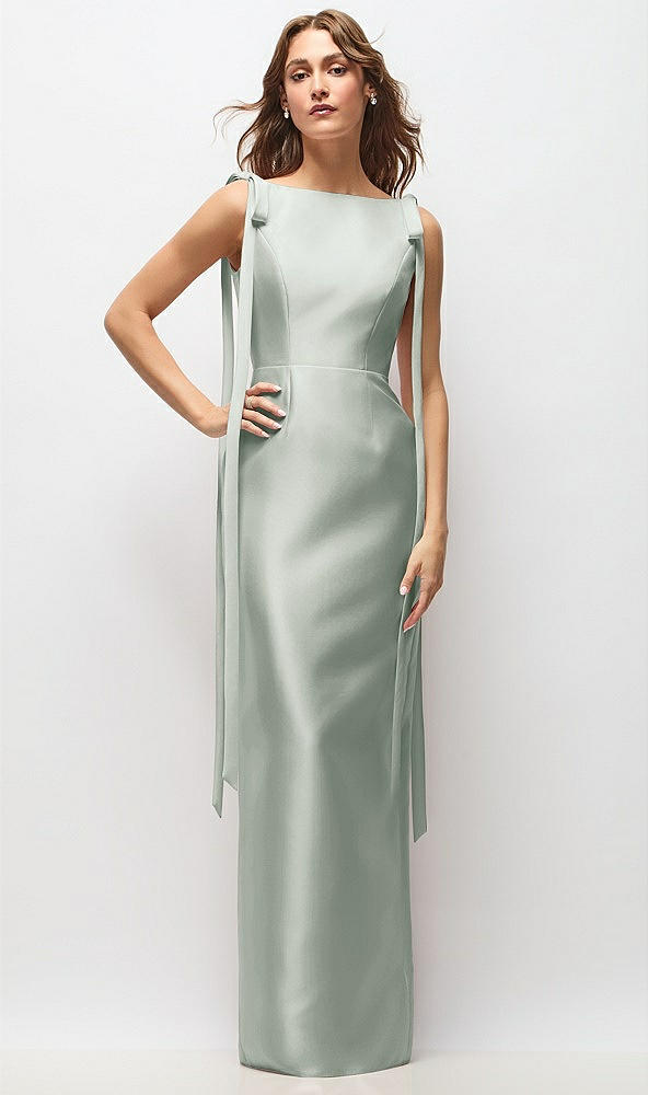 Front View - Willow Green Bateau Neck Satin Column Maxi Dress with Exaggerated Tail Bow Straps