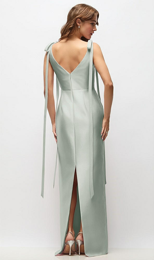 Back View - Willow Green Bateau Neck Satin Column Maxi Dress with Exaggerated Tail Bow Straps