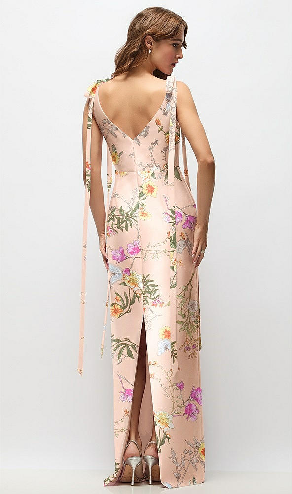Back View - Butterfly Botanica Pink Sand Floral Bateau Neck Satin Column Maxi Dress with Exaggerated Tail Bow Straps