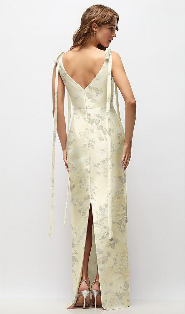 Back View - Butter Yellow Floral Floral Bateau Neck Satin Column Maxi Dress with Exaggerated Tail Bow Straps