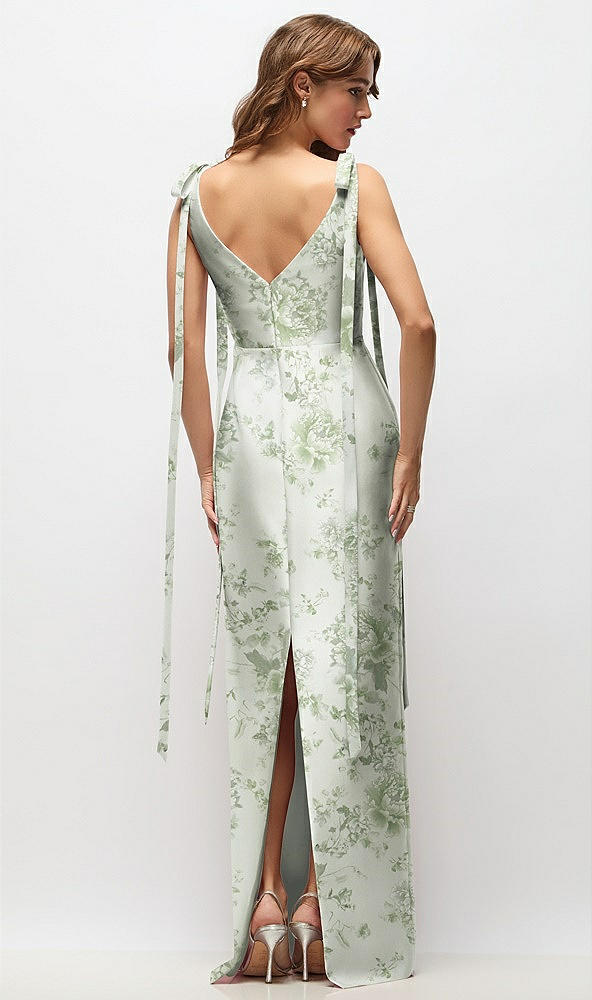 Back View - Sage Cottage Rose Floral Bateau Neck Satin Column Maxi Dress with Exaggerated Tail Bow Straps