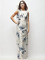 Front View Thumbnail - Inkwash Blue Floral Floral Bateau Neck Satin Column Maxi Dress with Exaggerated Tail Bow Straps
