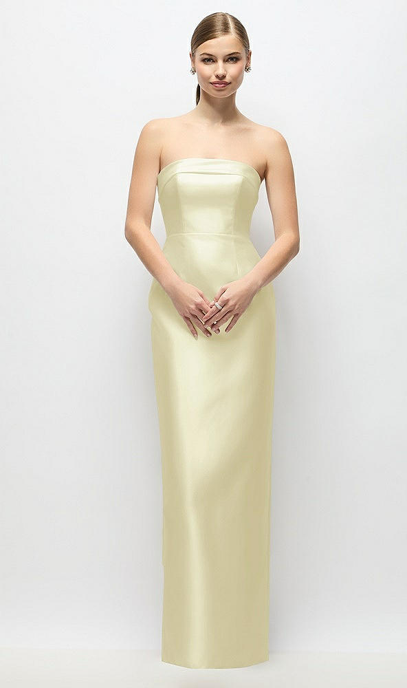 Back View - Butter Yellow Strapless Cuff Satin Maxi Dress with Column Skirt & Back Bow