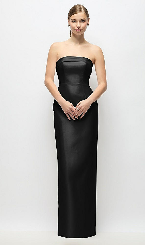 Back View - Black Strapless Cuff Satin Maxi Dress with Column Skirt & Back Bow