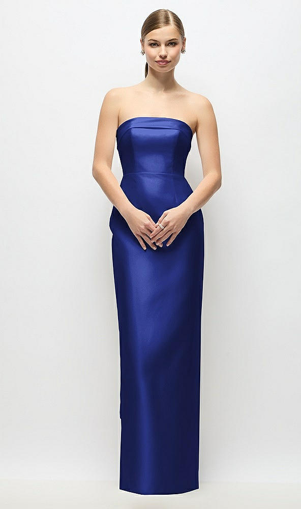 Back View - Cobalt Blue Strapless Cuff Satin Maxi Dress with Column Skirt & Back Bow