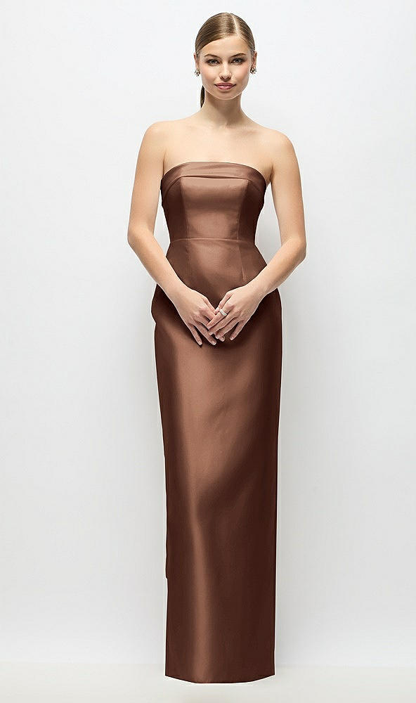 Back View - Cognac Strapless Cuff Satin Maxi Dress with Column Skirt & Back Bow