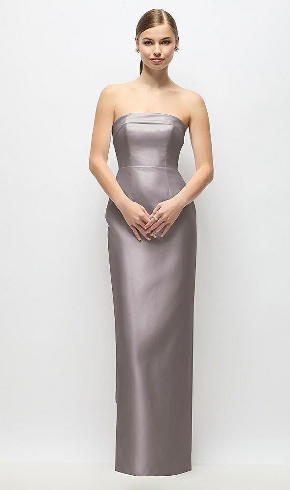 Back View - Cashmere Gray Strapless Cuff Satin Maxi Dress with Column Skirt & Back Bow 