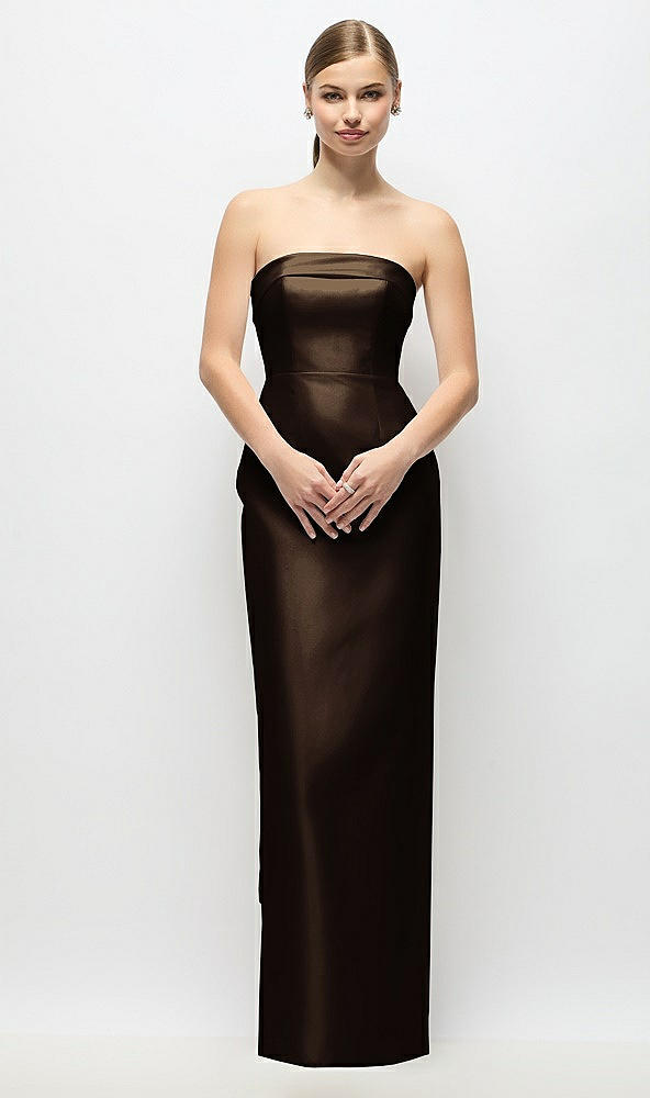 Back View - Espresso Strapless Cuff Satin Maxi Dress with Column Skirt & Back Bow