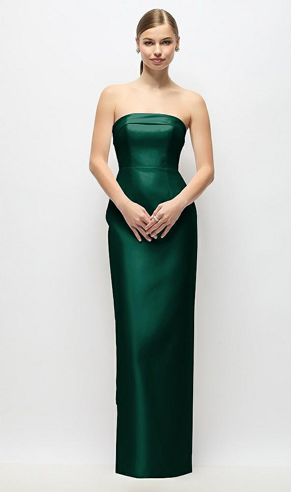 Back View - Hunter Green Strapless Cuff Satin Maxi Dress with Column Skirt & Back Bow