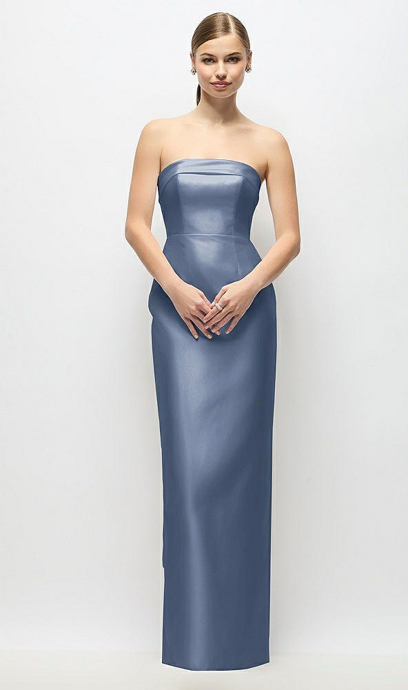 Back View - Larkspur Blue Strapless Cuff Satin Maxi Dress with Column Skirt & Back Bow 