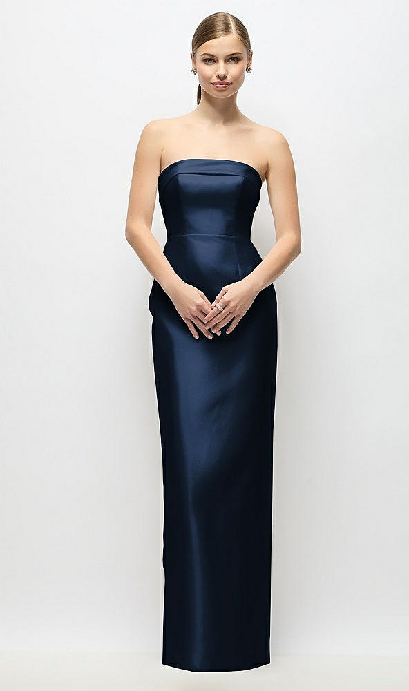 Back View - Midnight Navy Strapless Cuff Satin Maxi Dress with Column Skirt & Back Bow
