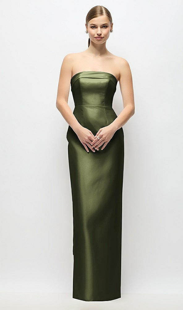 Back View - Olive Green Strapless Cuff Satin Maxi Dress with Column Skirt & Back Bow 