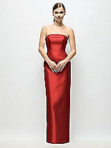 Rear View Thumbnail - Poppy Red Strapless Cuff Satin Maxi Dress with Column Skirt & Back Bow 